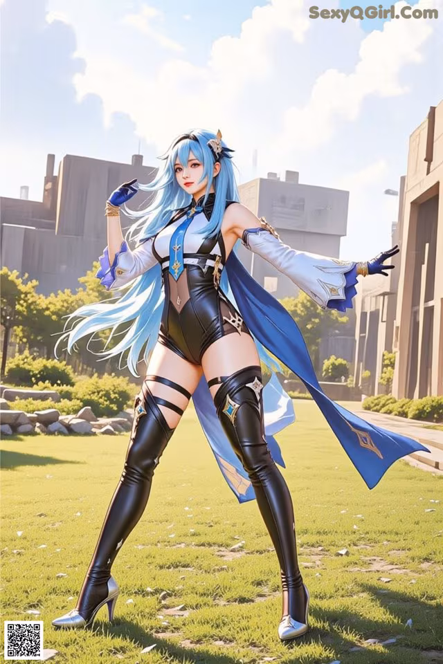 A woman in a blue and black outfit standing in a field.