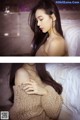 A woman laying on top of a bed next to a pillow.
